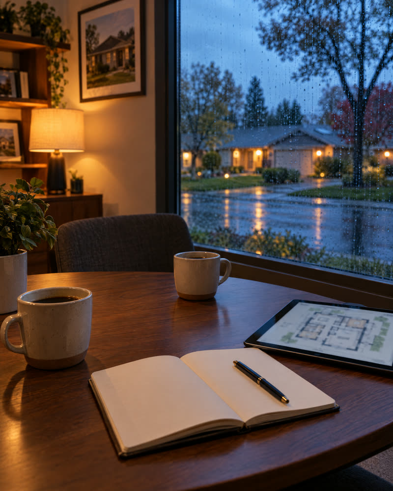 Coffee cups and a notebook on a table by a rainy window