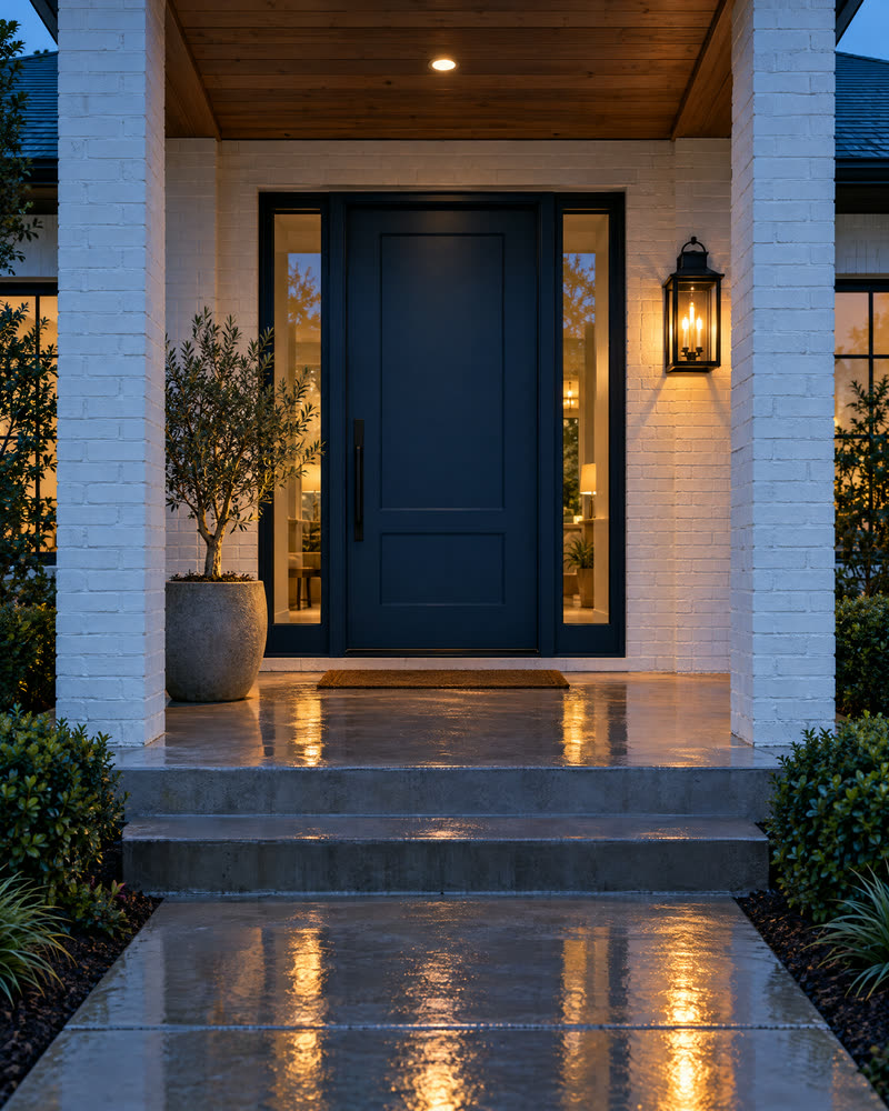 A navy front door with a glowing porch light after rain