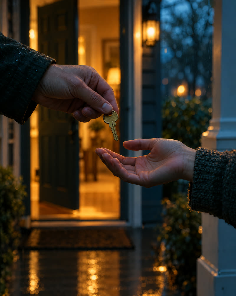 One hand passing a house key to another at an open front door