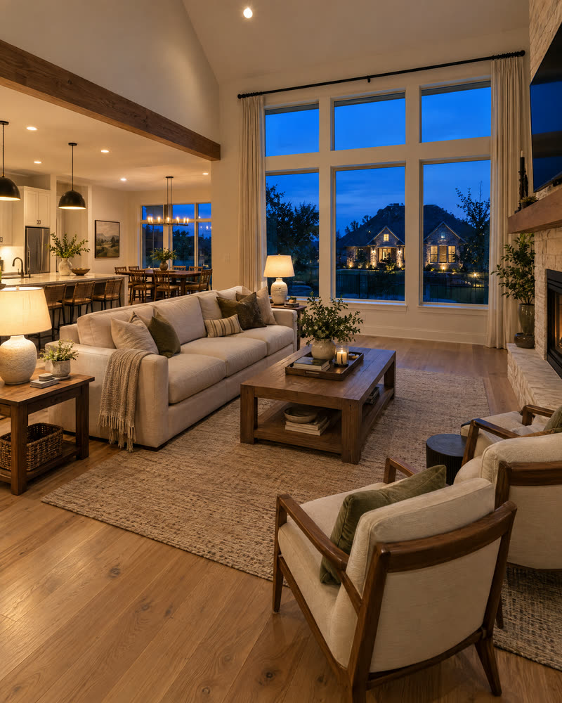 A warm, lamp-lit living room at dusk